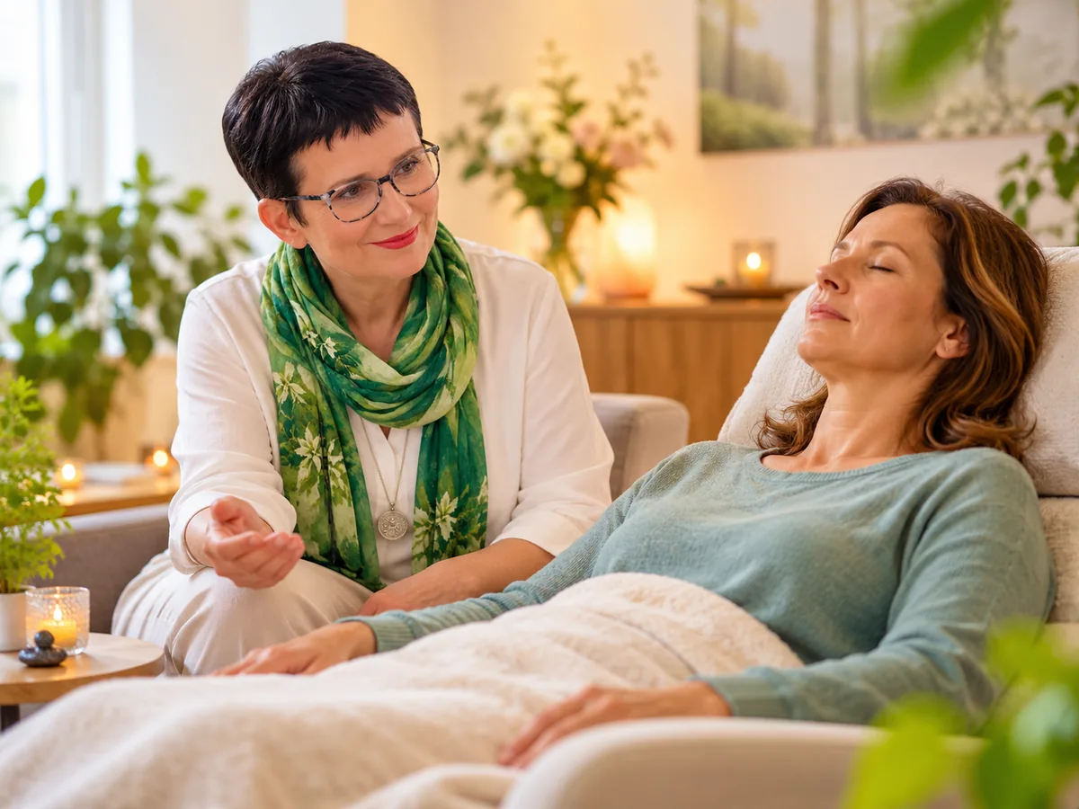 Andrea Stix begleitet eine Klientin bei einer entspannenden Meditation